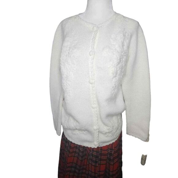 White 50s Cardigan Button Front Floral Embroidery EATONS Large - Picture 3 of 7